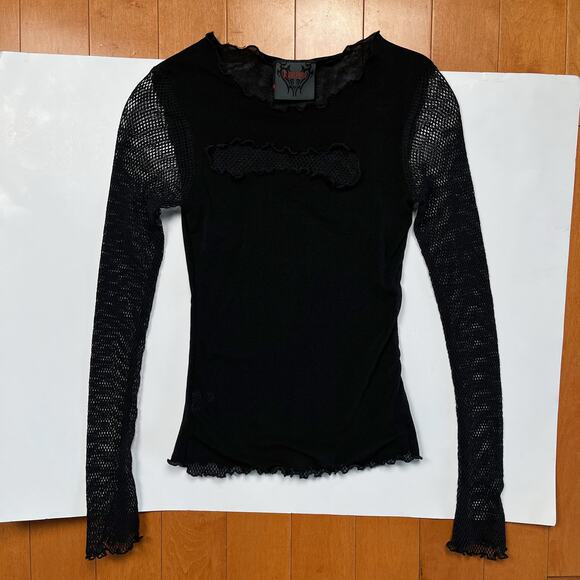 Vintage Raven Gothic Black Mesh Cutout Fishnet Sleeve Top Rave Y2K Euro Goth - Picture 4 of 16